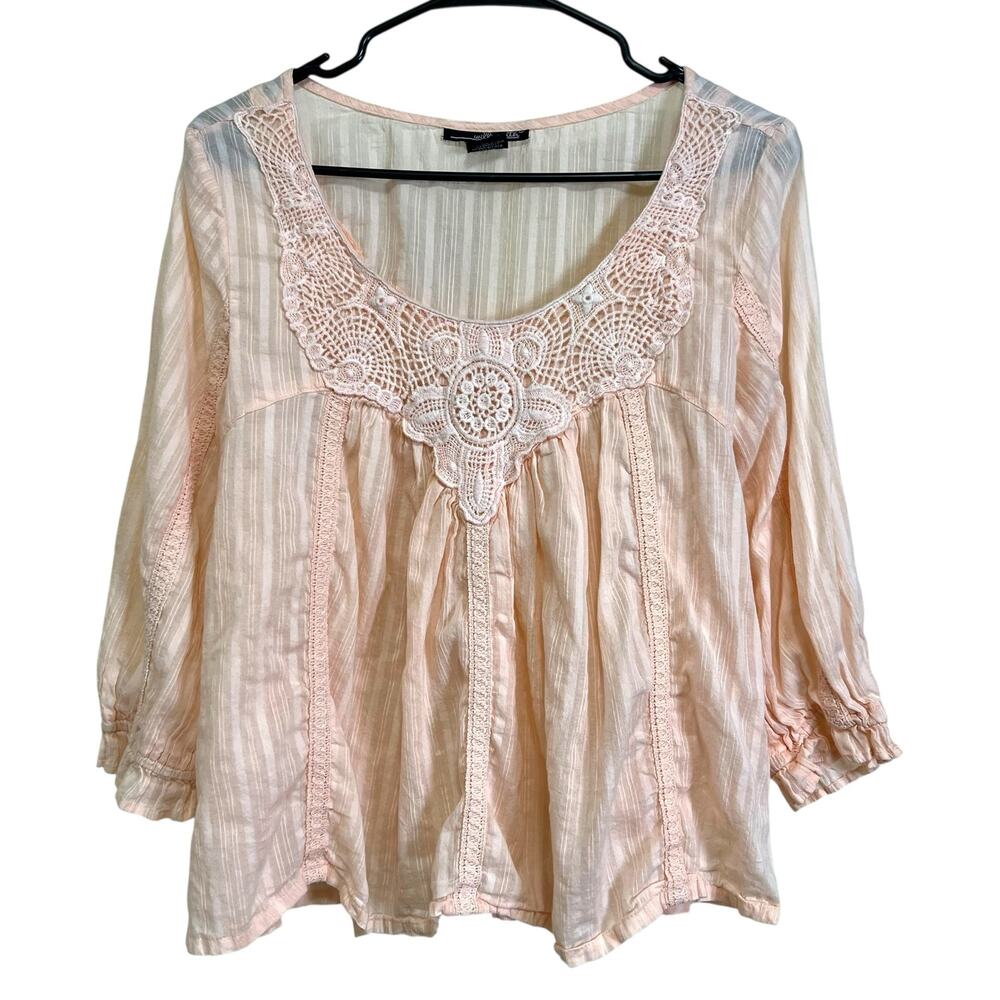 Willi Smith Womens Large Peach Pink Crochet Lace Boho Peasant Top 100% Cotton